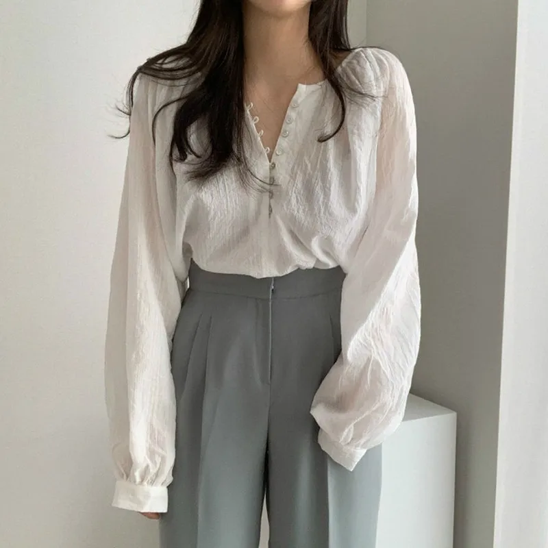 Chic Long Sleeve Thin Cotton Soft Shirt Lady Summer Sweet Puff Sleeve V-Neck Button Air Condition Commuting Simple Loose Shirt