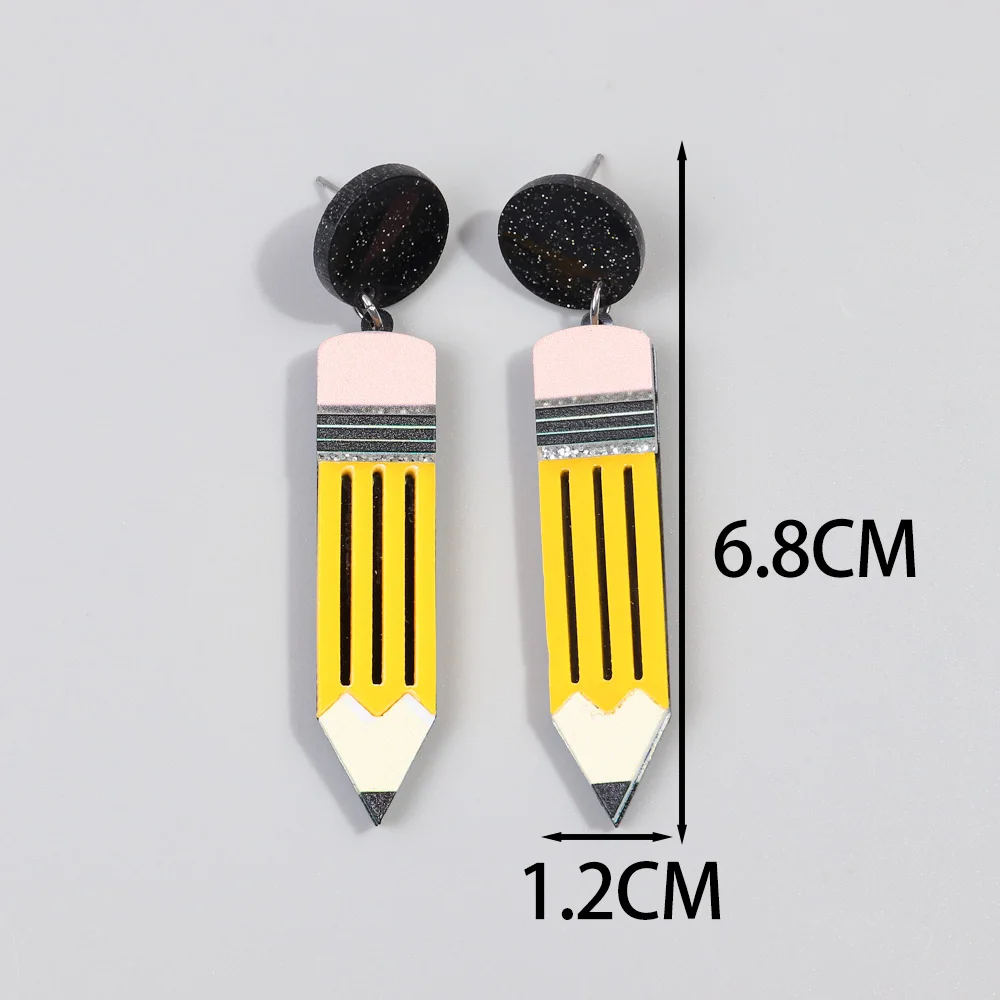 New Acrylic Apple Ruler Pencil Drop Earrings for Women Student Cartoon Crayon Box Printing Dangle Earring Teacher's Day Jewelry