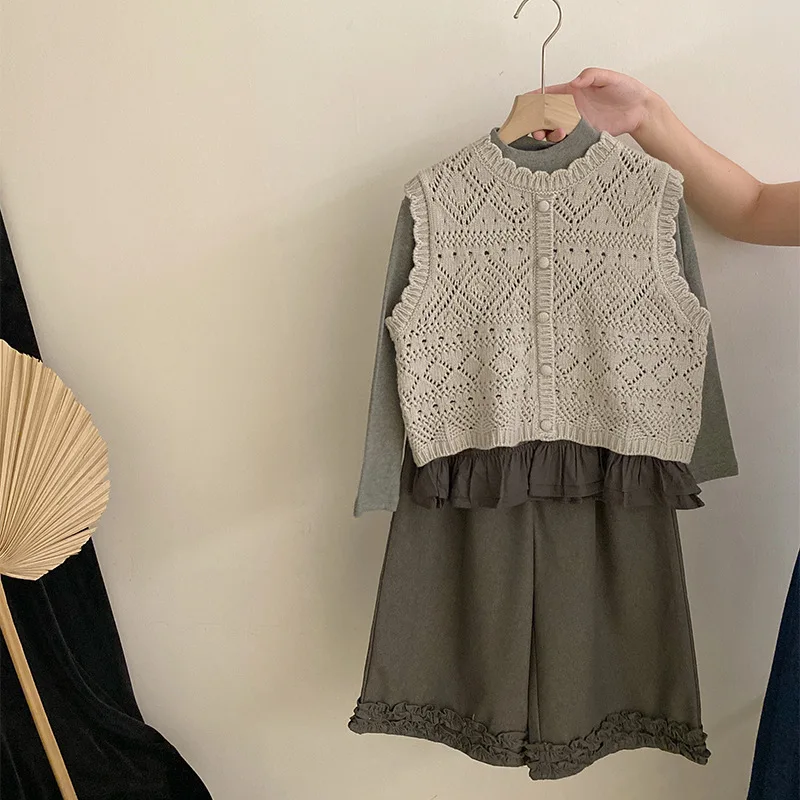 

Two Piece Set Girls 2025 Korean New Autumn Knitted Vest Solid Shirt Lace Wide Leg Casual Pants