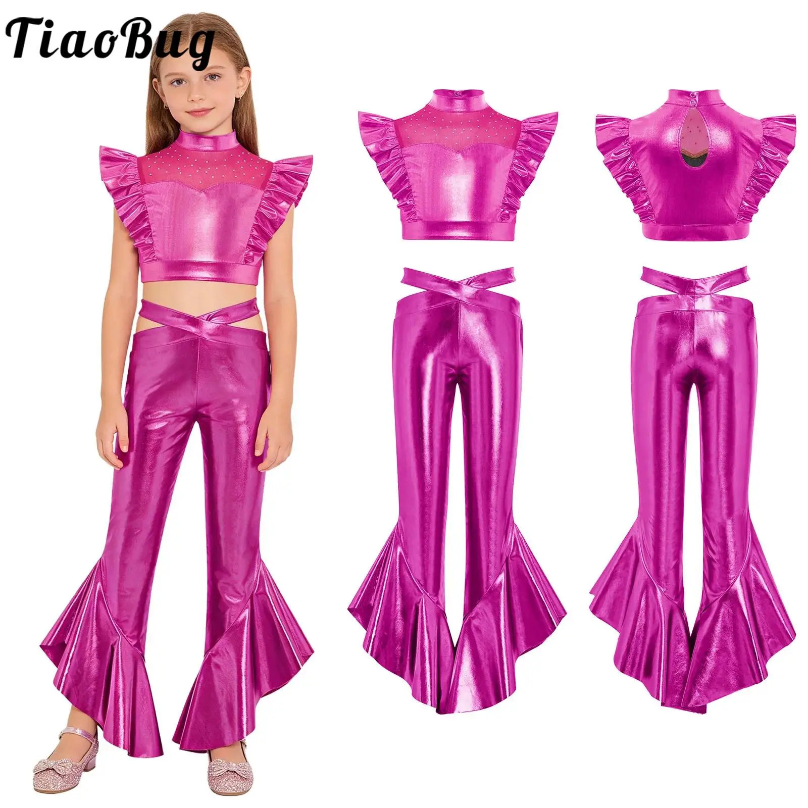 

Детский танцевальный костюм для девочек в стиле диско 70-х годов, джазовый костюм для выступлений, сетчатый укороченный топ без рукавов и расклешенные брюки, одежда для латиноамериканских танцев и танцев в стиле черлидинг