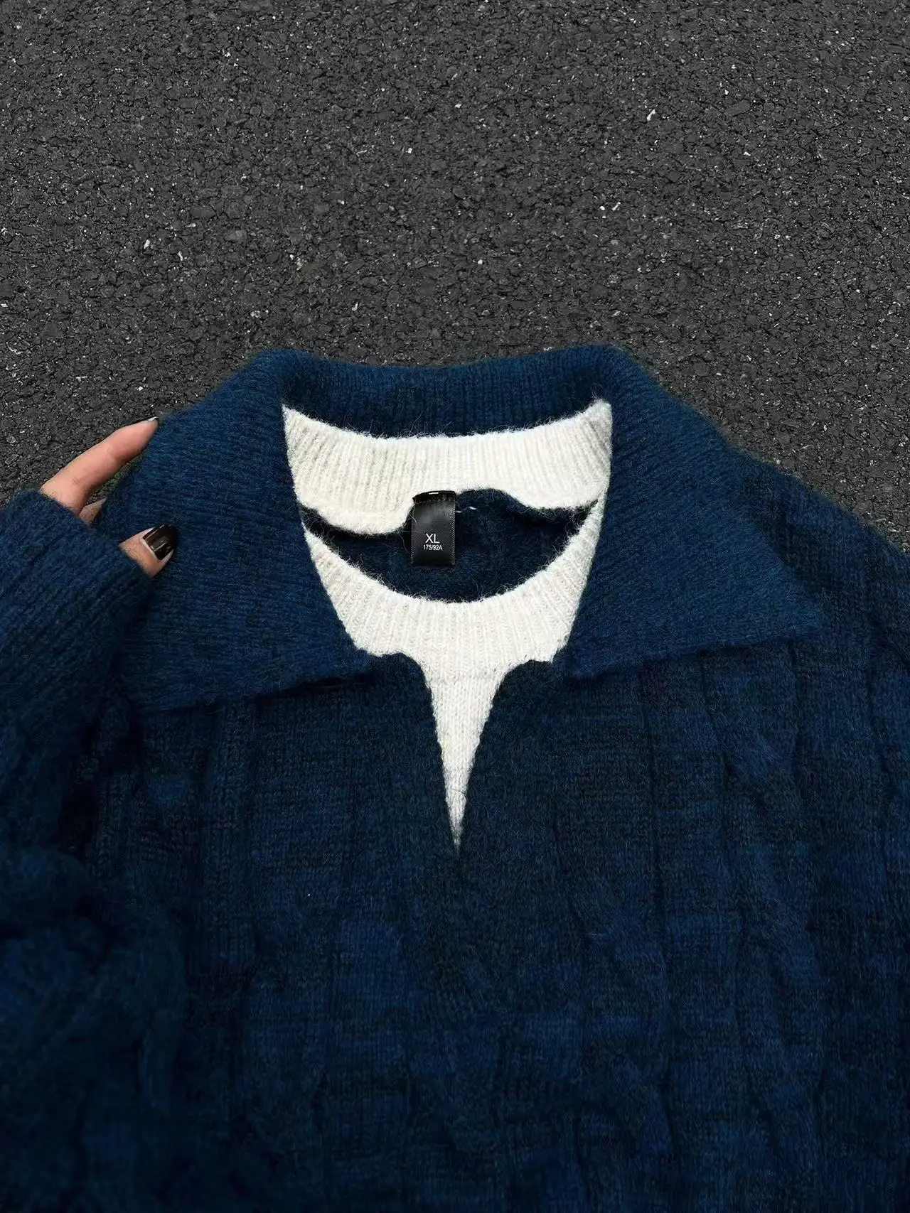 

Теплый синий вязаный свитер для мужчин, зимний, утолщенный, с дизайнерскими вставками, повседневный, для ношения под одеждой, с высоким воротом, базовый слой