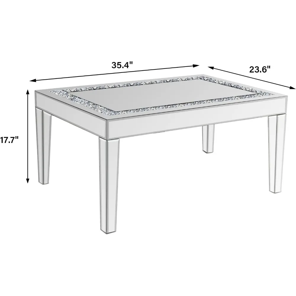 Gleaming Silver Coffee Table with Crystal Accents, Rectangular Glass Top with Mirrored Edges, Contemporary Living Room Centerpie