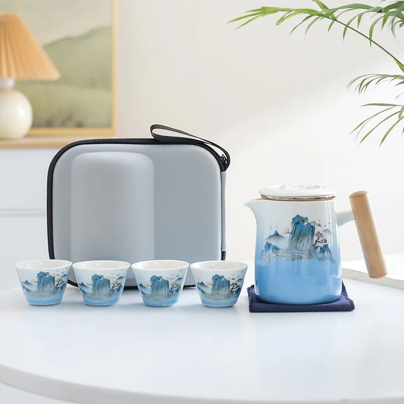 Travel Tea Set Portable Car Carrying Outdoor Ceramic Kung Fu Tea Set 1 Pot 4 Cups with Storage Bag