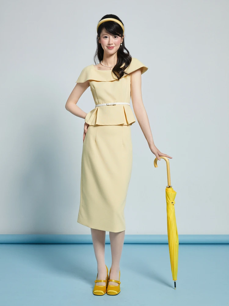 

Комплект LelezStudio: Ретро-костюм для работы и отдыха, желтый топ и юбка, летний комплект с длинными брюками и коротким рукавом, круглый вырез...