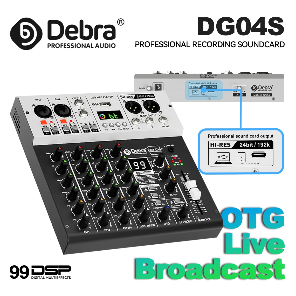 

Профессиональная звуковая карта Debra New DG04S с цифровым ревербером, Bluetooth 5.0, OTG, питанием 48В для прямых трансляций