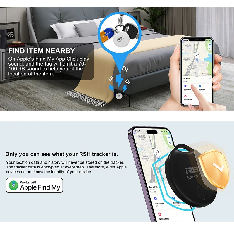 RSH smart Tracker Work with Apple Find My APP Smart Bluetooth GPS Tracker/Tag Anti Lost Reminder Locator Car Key Pet Kids Finder