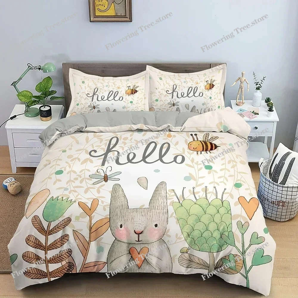 Cartoon Rabbit Bunny Bedding Set for Kids Girl Women Polyester Duvet Cover Quilt Cover with Pillowcase Polyester Comforter Cover