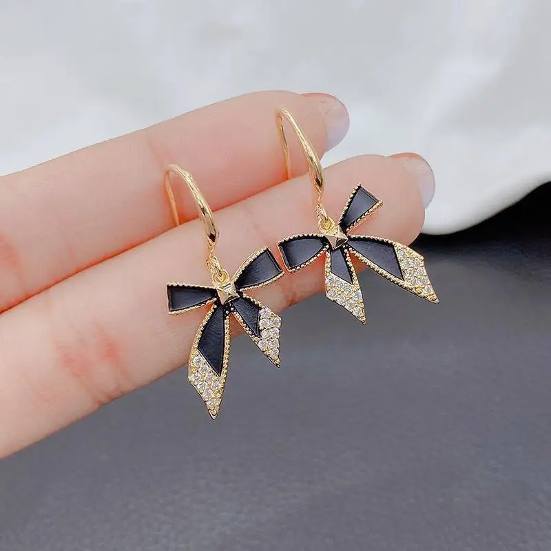 925 Silver Needle Earrings Sale Korean Edition Black Bow Style Versatile Network Red Style Light Luxury Design Sense Earrings