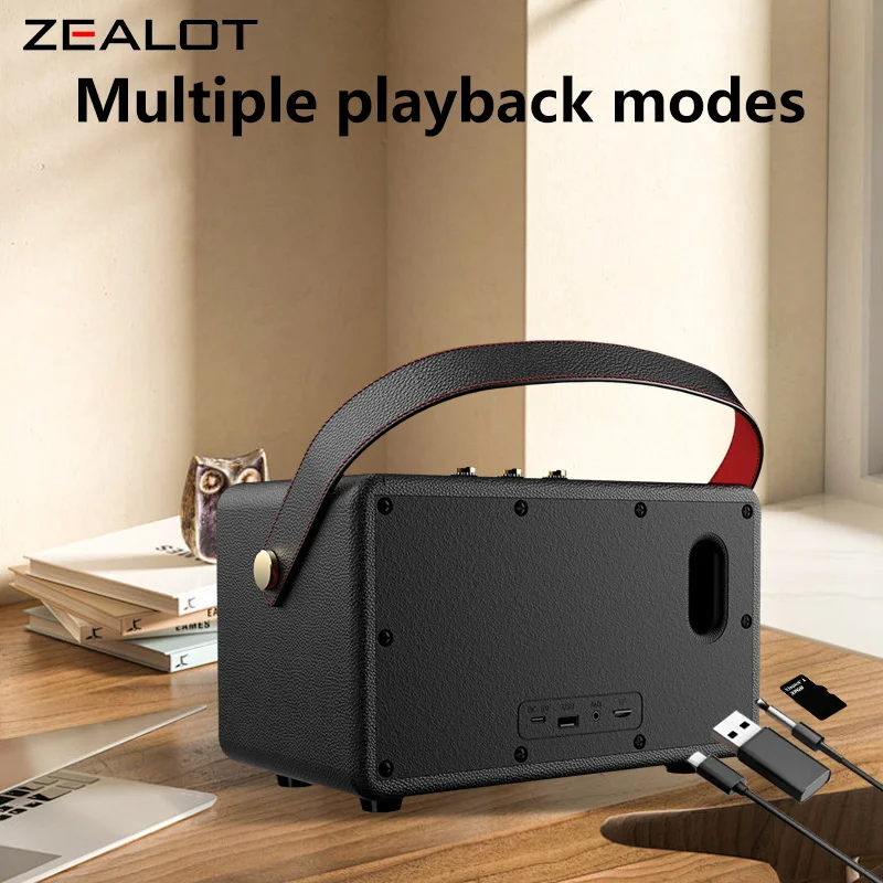 ZEALOT MT01 Altoparlante wireless portatile in legno da 60 W con 4 subwoofer, suono surround 3D per bassi di sovratensione, batteria a lunga durata 24000 mAh.