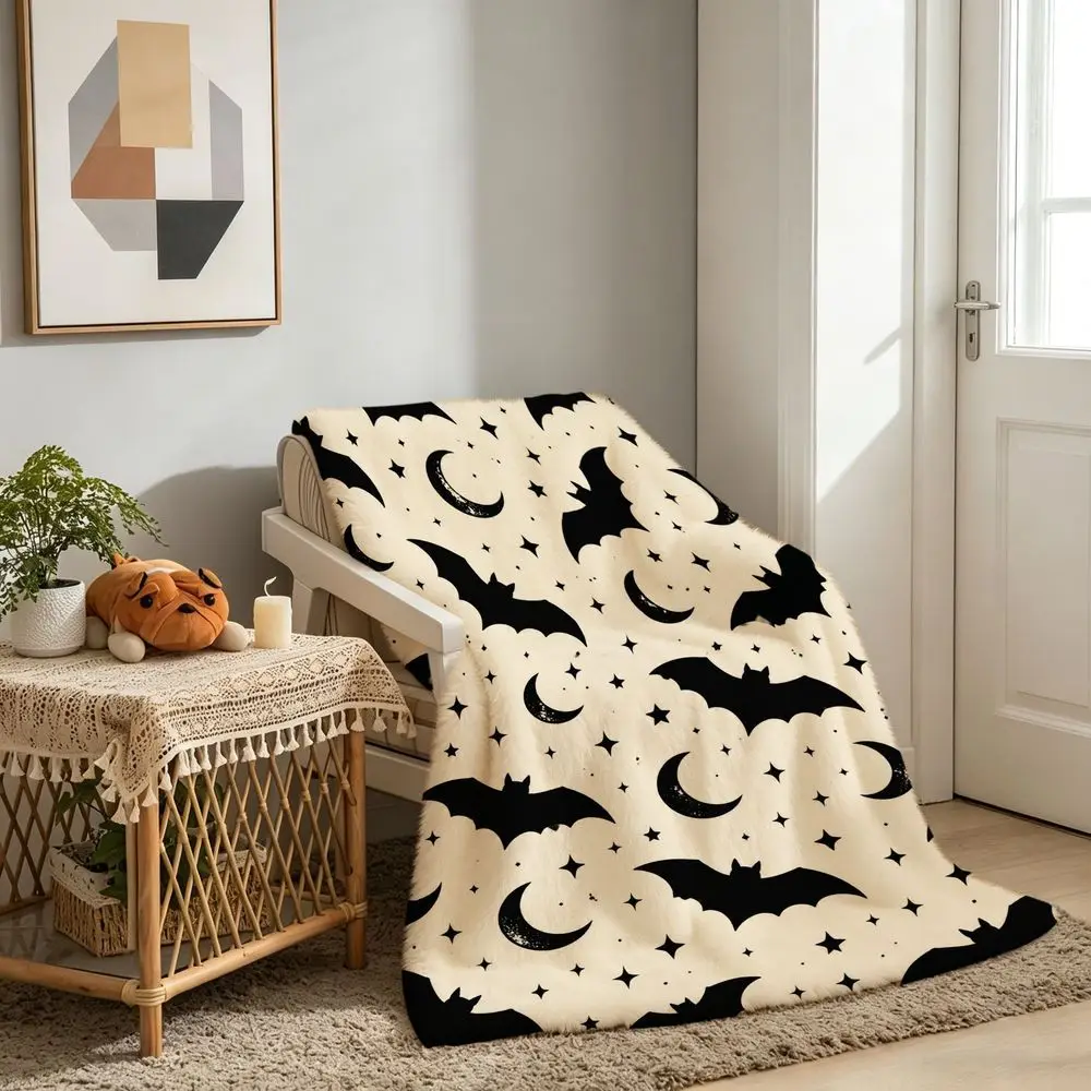 Cute Halloween Bat Moon Stars Throw Blanket Cozy Bed Decor for Fall Party Gifts