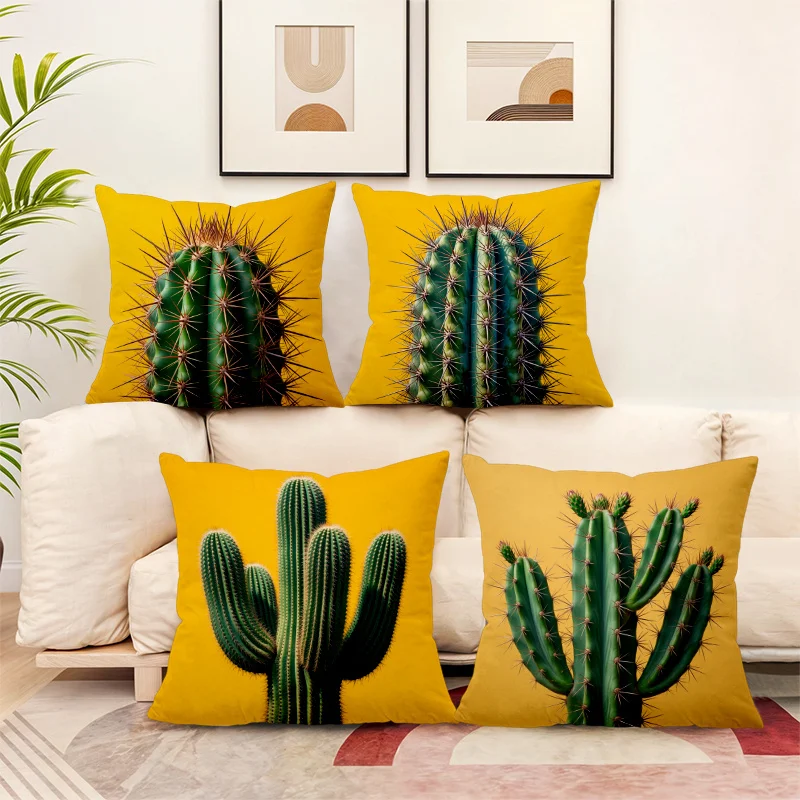 

4Pcs Modern Cactus Throw Pillow Covers, Bright Yellow Background Cactus Art Cushion Cases for Bedroom Sofa Couch Home Decor