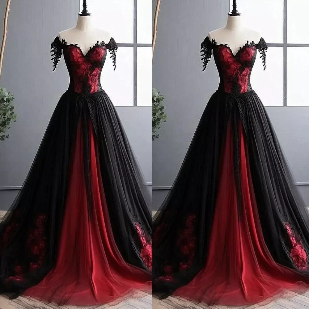 Dark Red And Black Victoria Wedding Dresses Off The Shoulder A-Line Gothic Lace Appliques Tulle Vestidos Bridal Wedding Gowns