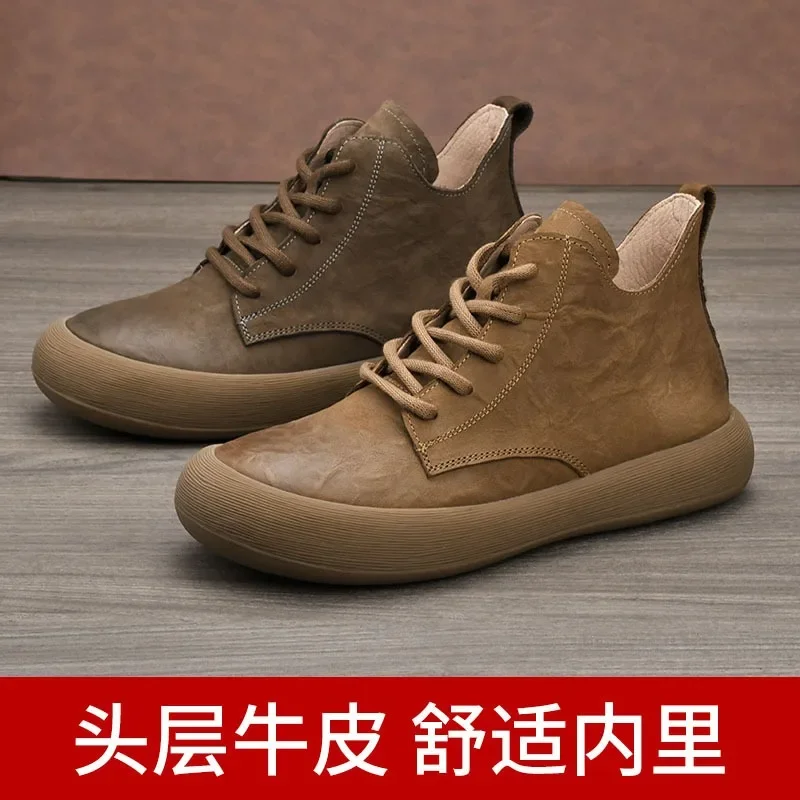 High Quality Distressed Leather Mid Top Tenis Para Hombre, Gum Thick Sole Retro Tênis Masculino,new Casual Comfortable Shoes Men