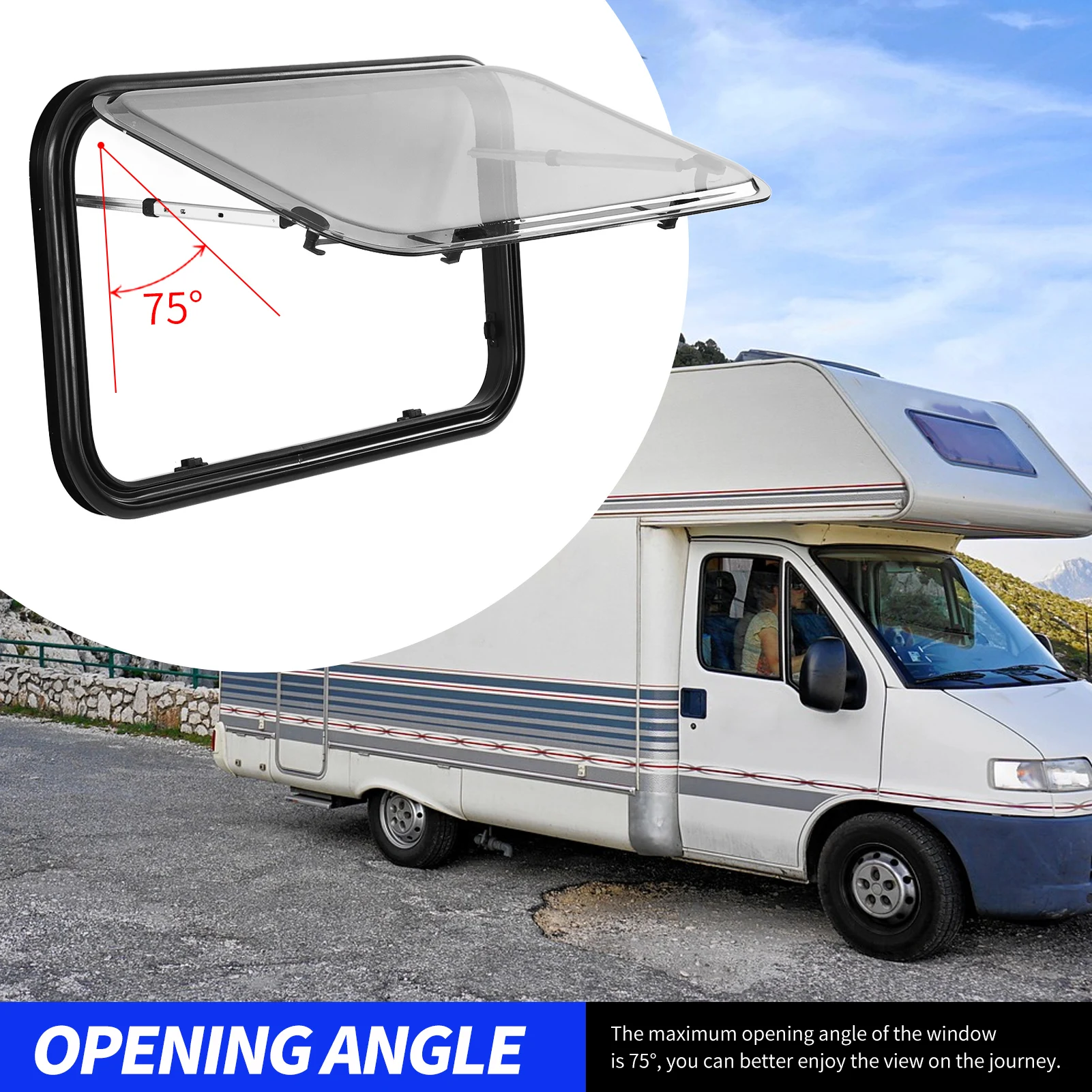 900x500mm RV Push Out Window Double Layer UV Resistant 75° Opening Angle External Exit Window with Insect Net Privacy Curtain