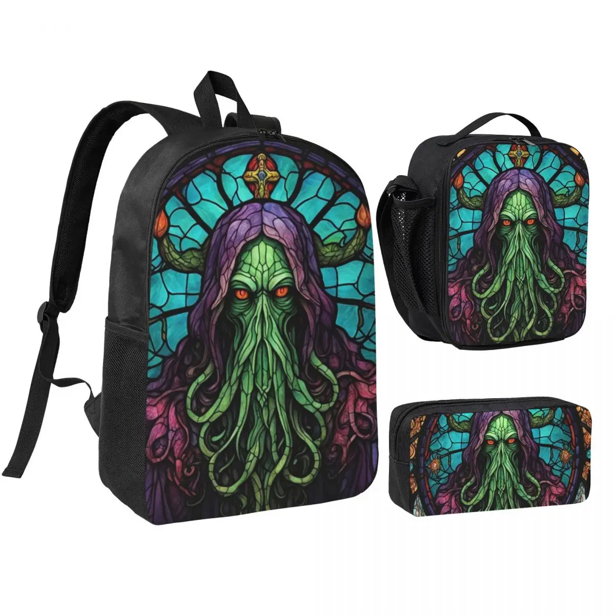 Cthulhu Stained Glass Tentacles Backpack Student BookBag School Bag Shoulder Bags 3ps Insulated Lunch Bag Pencil Case