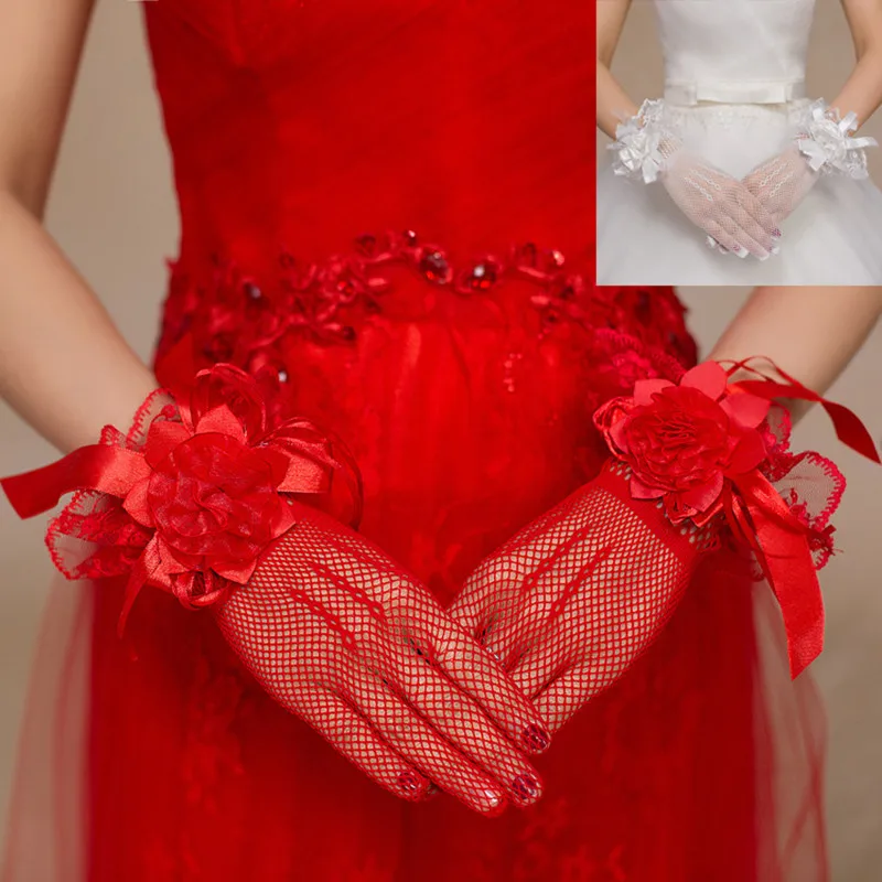 beautiful girl gloves red and white gauze flowers short style ceremonial performance finger ceremonial performance