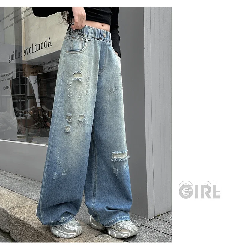 ZOETOPKID Mädchen Zerrissene Distressed Jeans Weite Hose mit Elastischem Bund Farbverlauf Denim-Hose für Kinder – Detail 5