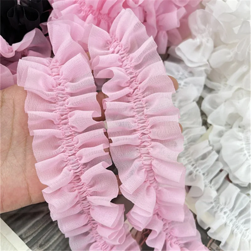 5CM Wide White Black Pink 3d Pleated Chiffon Fabric Embroidered Fringe Ribbon Lace Collar Ruffle Trim Dresses DIY Sewing Decor