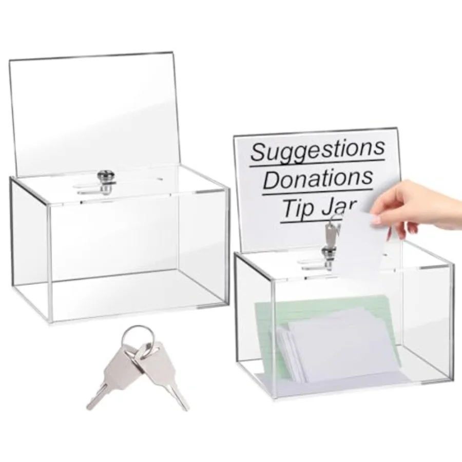 

2 Pack Donation Box Acrylic Suggestion Box with Lock Slot and Display Sign Holder Clear Ballot Plastic Storage Container for Vo