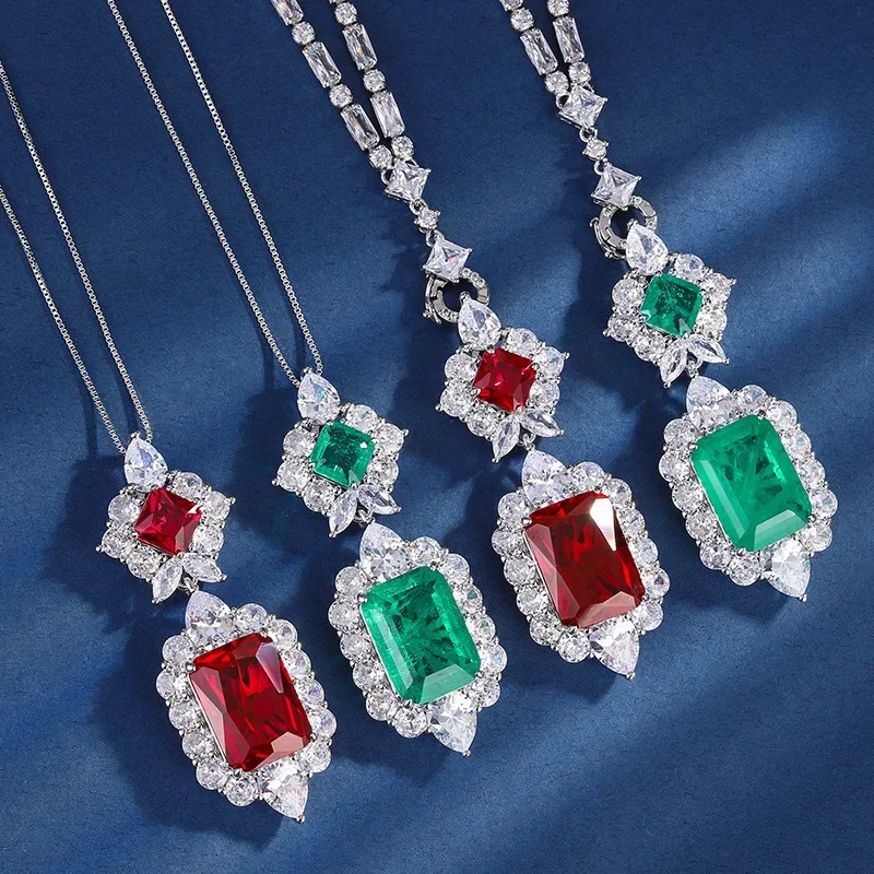 18K Gold PT950 Platinum Emerald Red Corundum Square Light Luxury Pendant Necklace for Women 13*18-8*