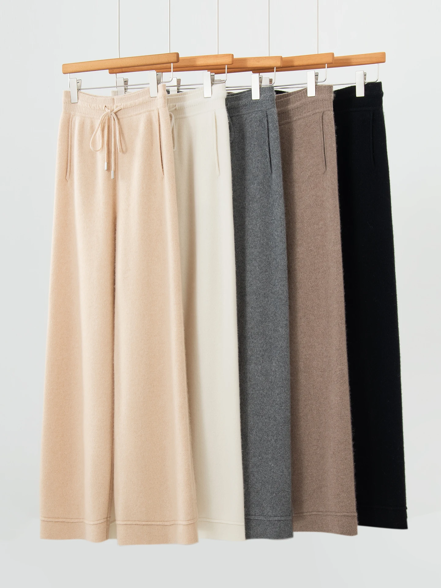 Women 100% Cashmere Wide‑Leg Pant Double‑Sided Knit Drawstring Waist Loose Casual Trousers Soft Warm Pocket Autumn Winter Bottom