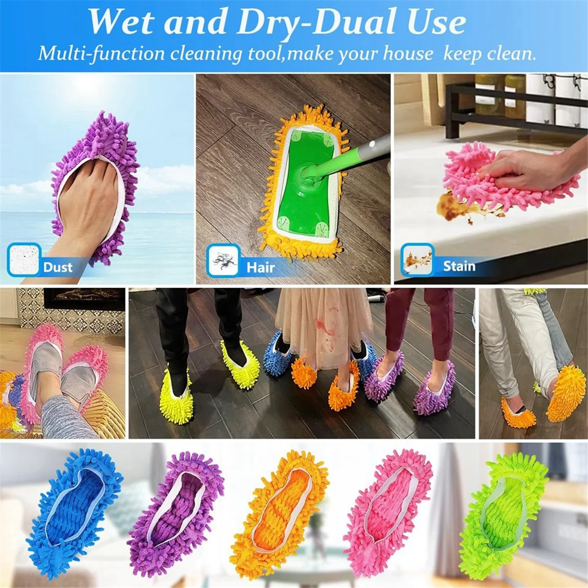 

AAA04R Shoes Covers Dust Duster Washable Mop Slippers Shoes for Floor Cleaning Chenille Dust Mop Slippers Foot Socks Mop Caps