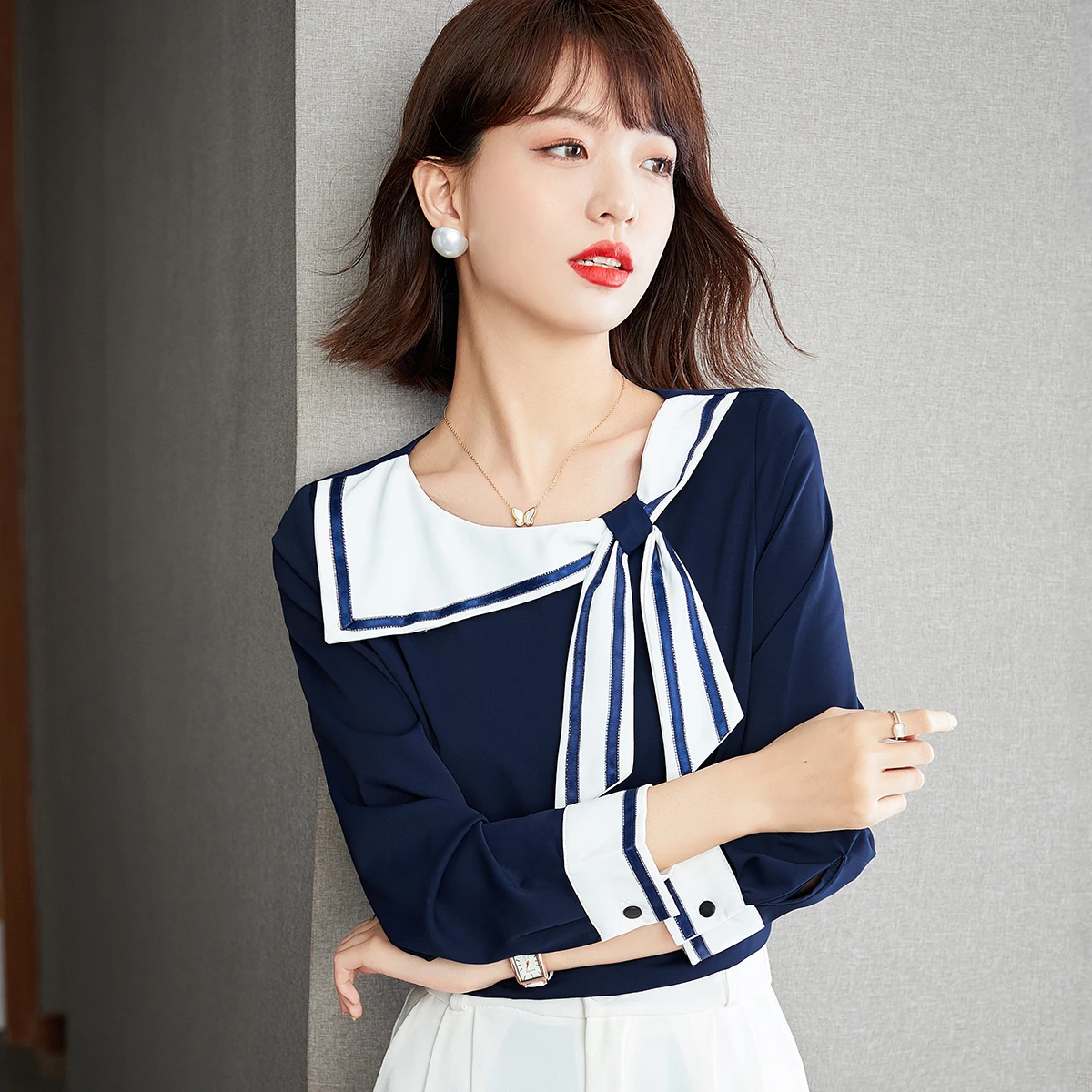 Sailor Collar Bow Long Sleeve Casual Shirt Women Tops Spring Autumn Office Lady Elegant Chic Loose Navy Pullover Blouse C1421