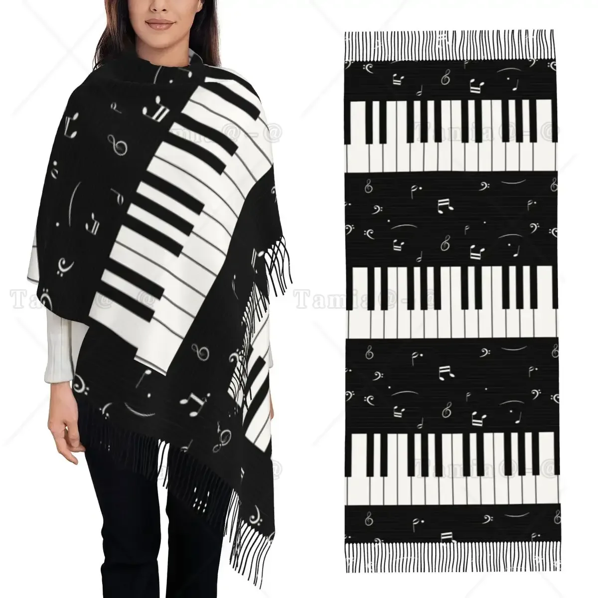 Piano Key Musical Note Pattern Scarf Tassel Scarves for Women Soft Warm Shawls and Wraps Long Fall Winter Shawl Wrap