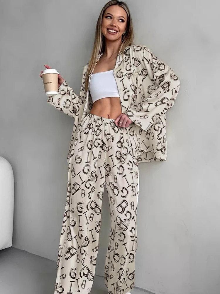 Hiloc Loose Women\'s Home Clothes 2 Piece Sets Print Long Sleeve Sleepwear Female Casual Trouser Suits 2024 Summer Nightwear