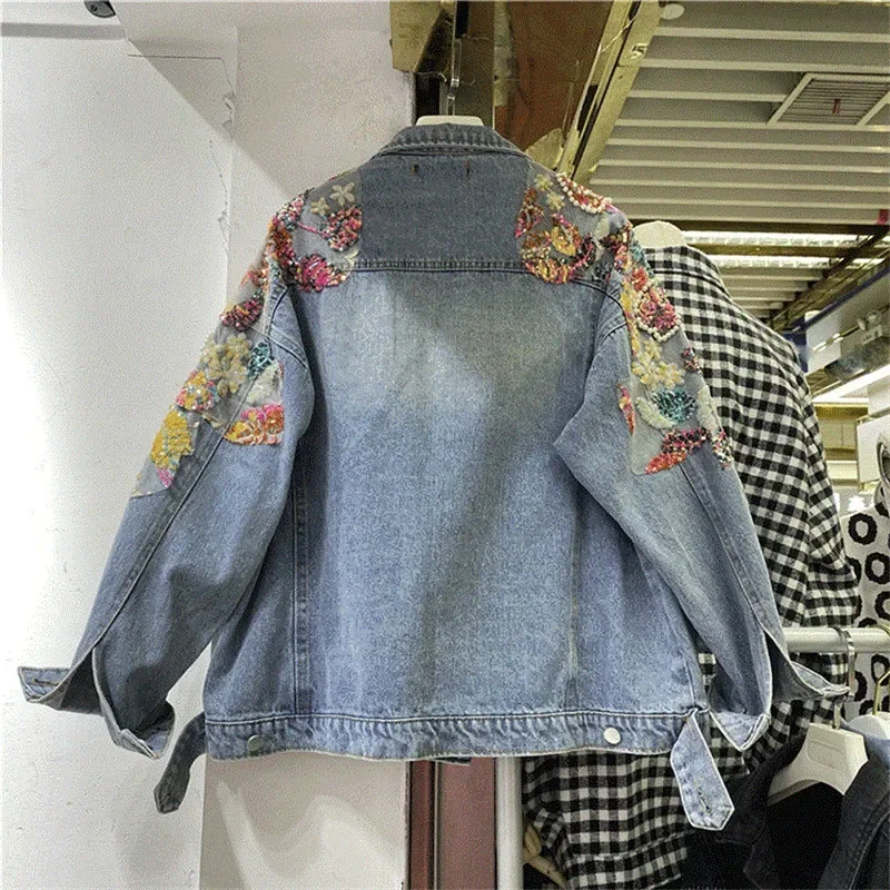 ストリートヴィンテージブルーデニムジャケット春 2025 ファッションビーズダイヤモンドカラースパンコール花女性カジュアル原宿ジーンズジャケット