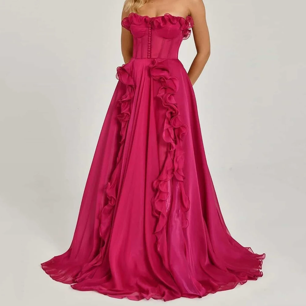 

Customized Mermaid Evening Dresses Floor-length Strapless Sleeveless Prom Gown Fashion Ruched Button Simple Draped Party Gown