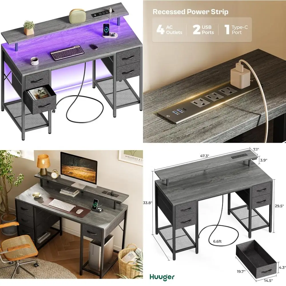 

Large 47 Inch Gaming Computer Desk with LED Lighting, 4 Drawers and Built-in Power Outlets for Home Office Storage