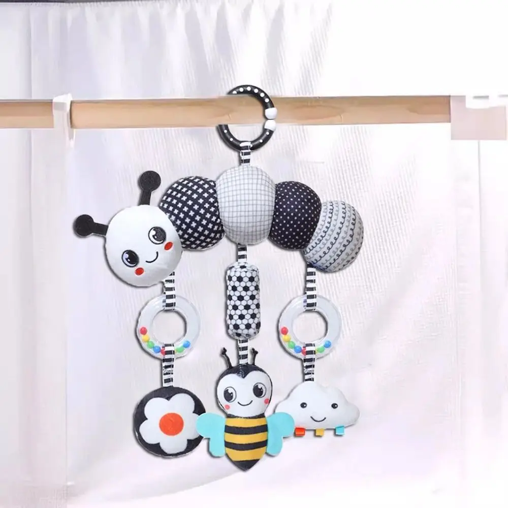Cartoon Infant Rattle Toys High Contrast Black and White Baby Bed Hanging Toy Caterpillar Plush Newborn Sensory Toy
