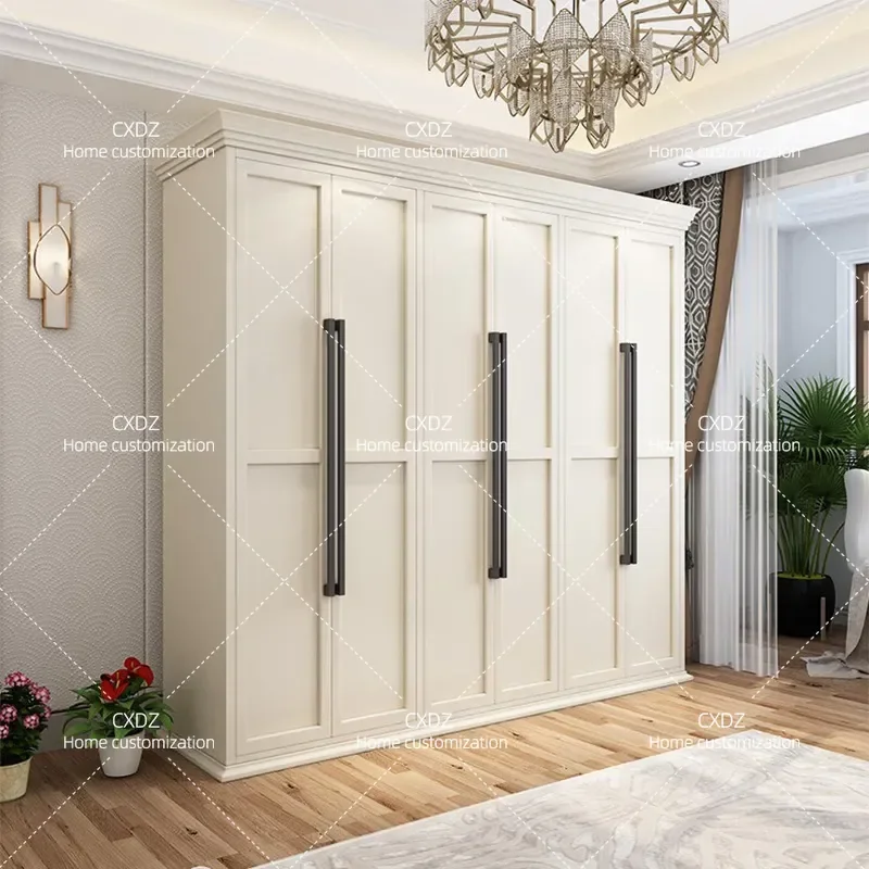 American Rural Solid Wood Wardrobe 5-6 Doors Household Bedroom Light Luxury Modern Simple Push-Pull Rubber Wood Closet
