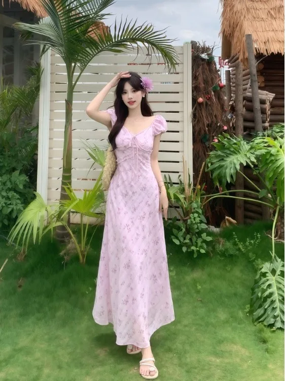 

plus Size Floral Print V-Neck A-Line Dress Summer New Style Slimming Waist Bubble Sleeve Midi Dress Korean Style Commute Wind