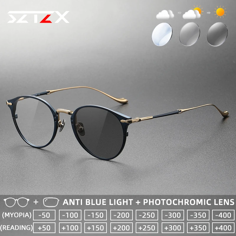 

Очки для чтения SZTZX Luxury Retro мужские фотохромные с защитой от синего света, оправа из ацетата, дужки из титана, прогрессивные, по рецепту