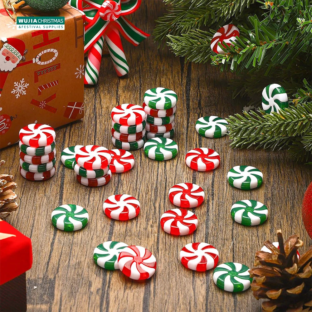 100pcs New Year Acrylic Candy Ornaments Christmas Tree Hanging Red Green Peppermint Pendants Gifts for Xmas DIY Holiday Decorate