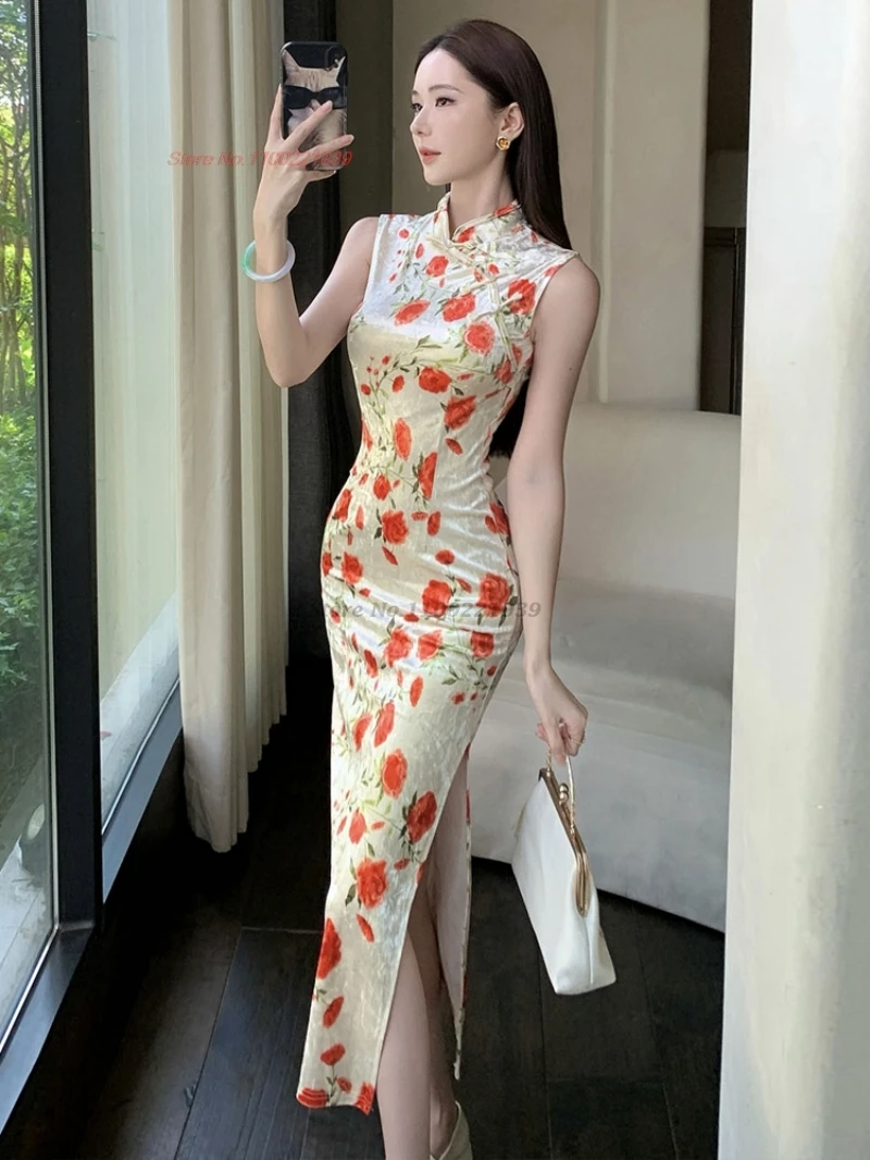 

Китайское платье для ночного клуба 2025, улучшенное Cheongsam, традиционное бархатное платье Ципао с цветочным принтом, облегающее банкетное платье в стиле ретро, Ципао
