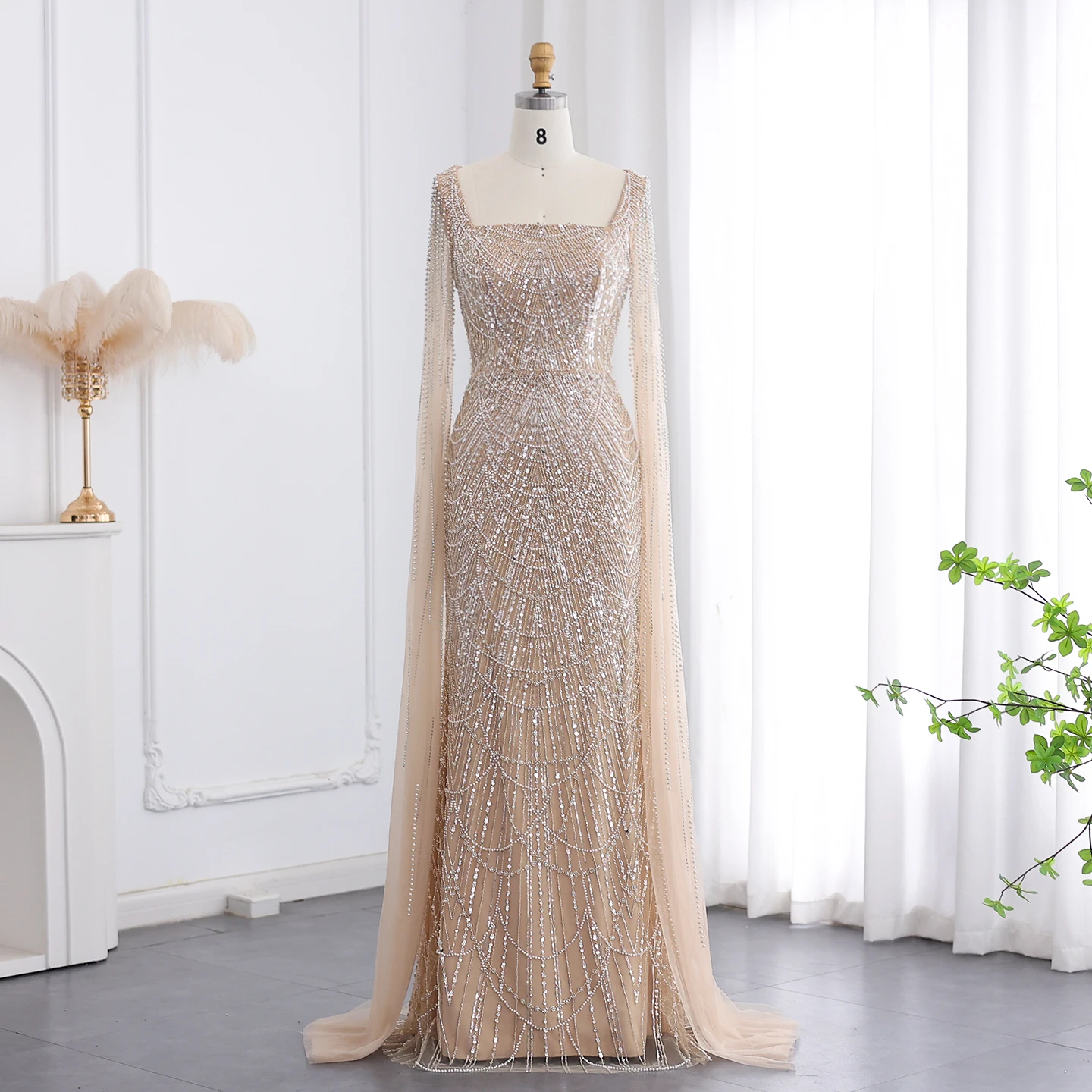 

Sharon Said Dubai Beaded Mermaid with Cap Sleeve Aque Evening Dress for Women Champagne Formal Dress Prom Dress SS690 Customized