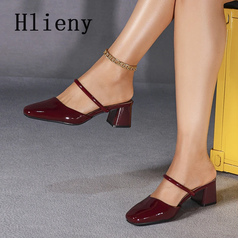 

Hlieny Wine Red Patent Leather Women Mules Slippers Fashion Shallow Square Toe Ladies Shoes Designer Low Heels Pumps Sandals