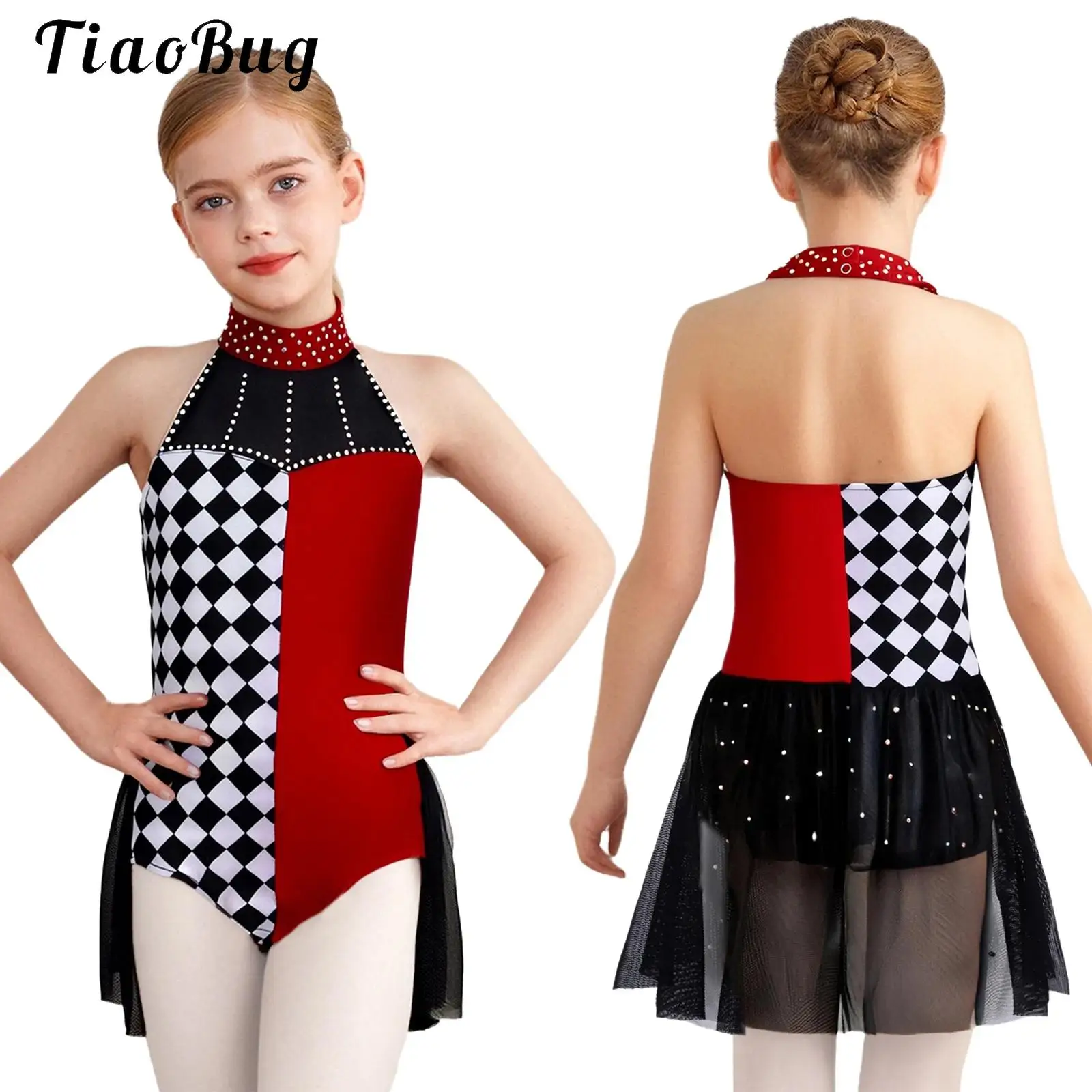 

Kids Girl Halloween Clown Joker Bodysuit Costume Black White Grid Dance Leotard Dress for Carnival Party Performance Dress Up