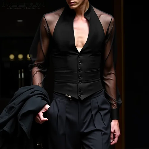 INCERUN, camisa para hombre de malla de retales con cuello en V, manga larga, transparente, Sexy, informal, camisas para hombre, ropa de calle, Camisas de fiesta a la moda 2025