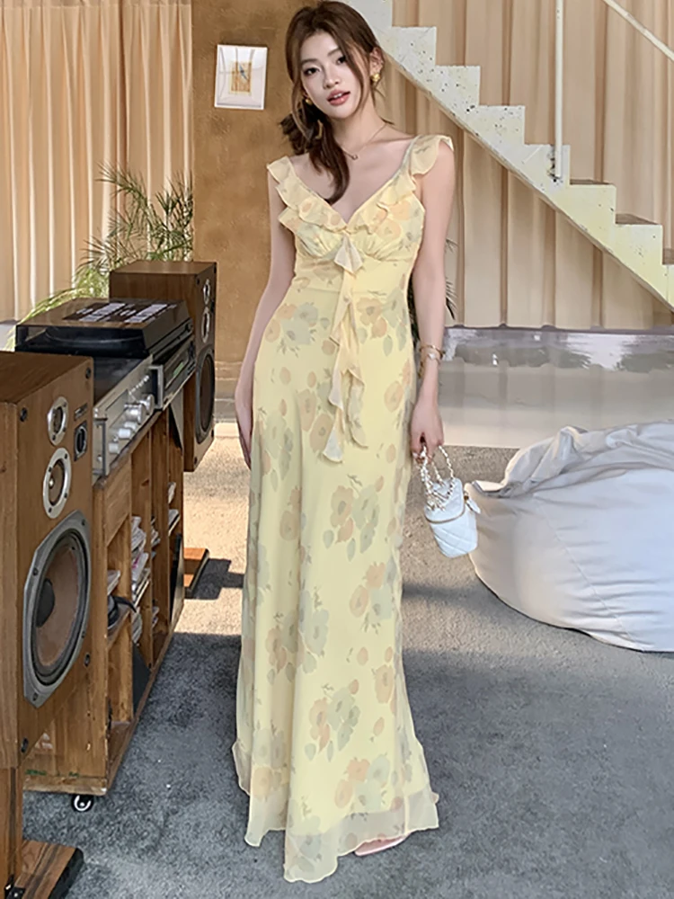 2025 ใหม่ดอกไม้ชีฟอง Chic Ruffled V คอชุดยาวเซ็กซี่ฤดูร้อน Boho Elegant ชุดนางเงือกผู้หญิงเกาหลีชุด Bodycon