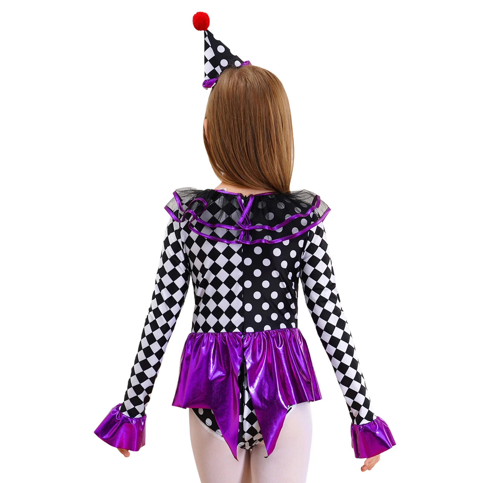 Kids Girls Halloween Circus Clown Dress Up Bodysuit Carnival Theme Party Cosplay Costume Long Sleeve Checkerboard Print Jumpsuit