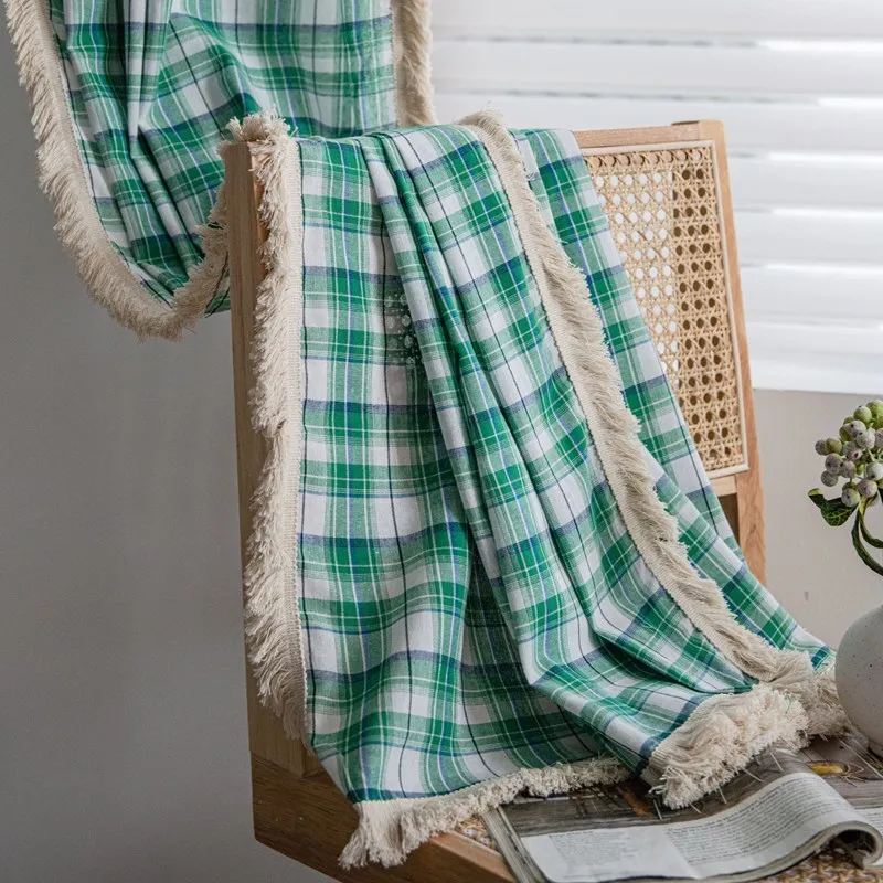 

Green Plaid Yarn-dyed American Curtain Finished Kitchen Drapes Bay Window Curtain Semi-shading Living Room Bedroom Valance