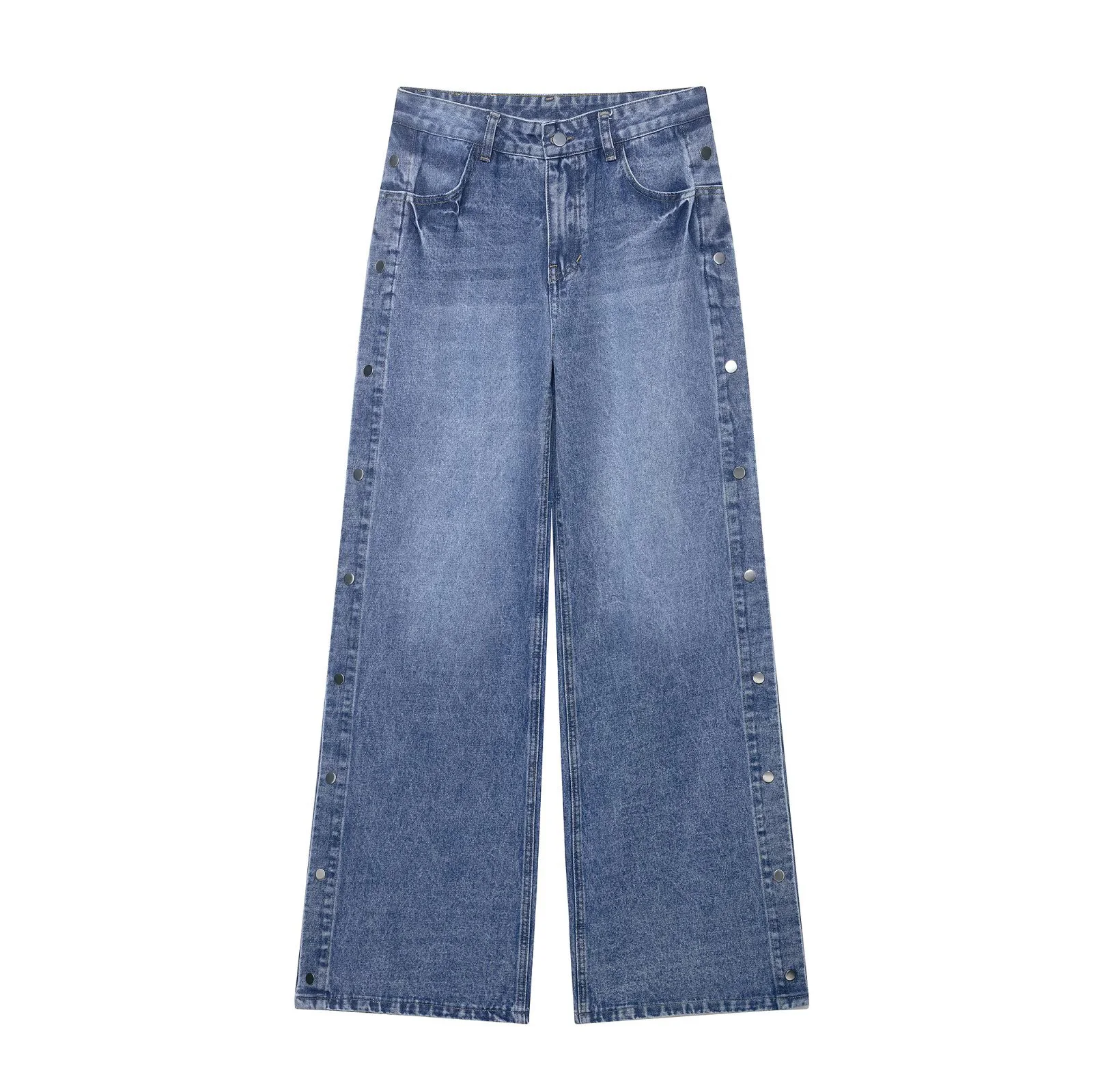 

European and American women's high waisted loose button detail straight leg pants, jeans, casual pants, versatile