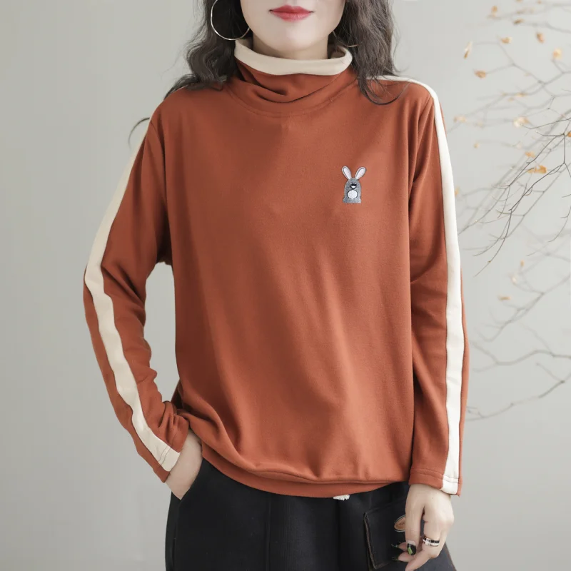 Spring Autumn Pullover Lantern Long Sleeve Cartoon Printing Women's Clothing Turtleneck Office Lady Commute All-match Tops