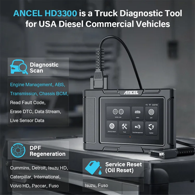 ANCEL HD3300 American diesel truck diagnostic instrument, code reading, code clearing, DPF regeneration, maintenance reset