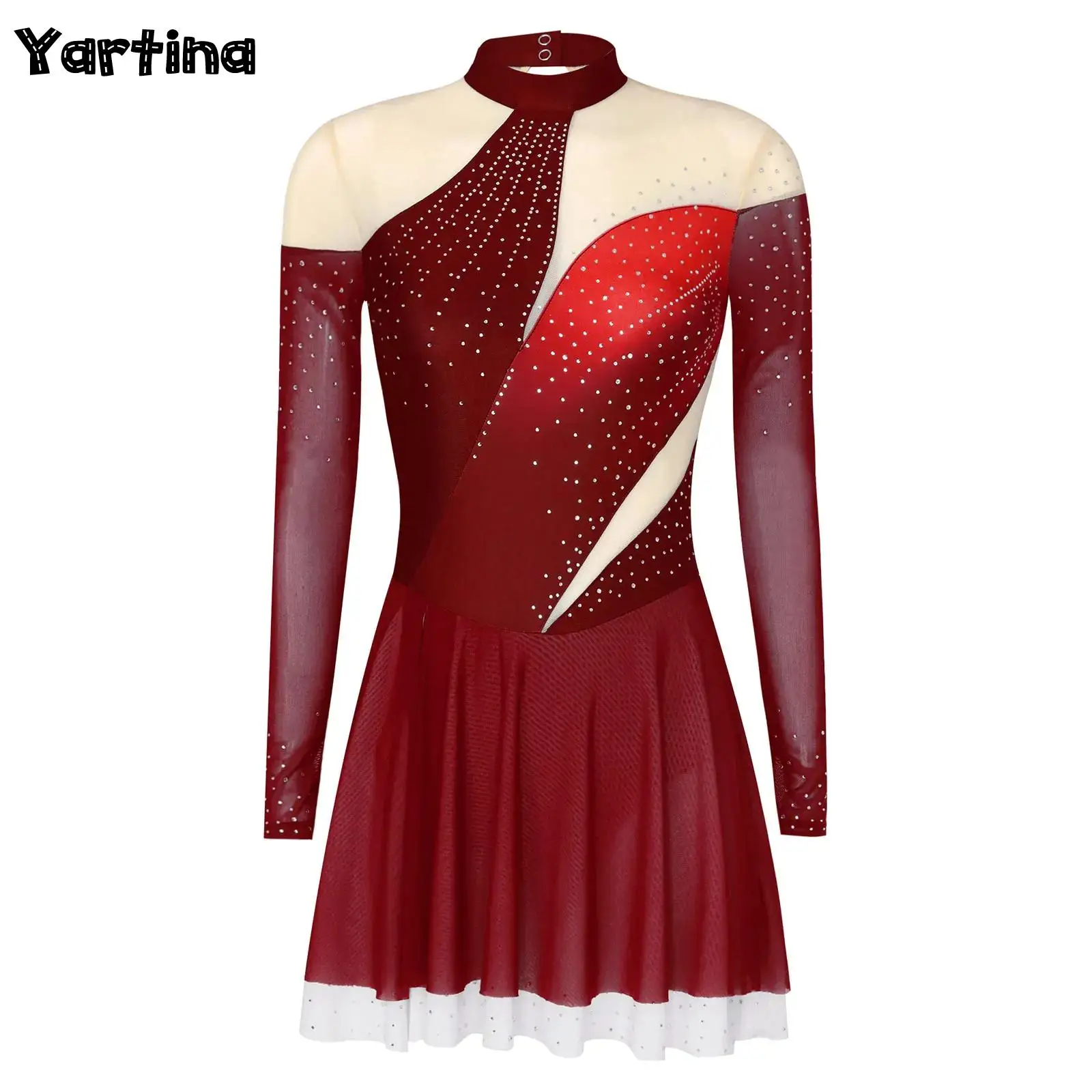 

Adults Women Gymnastics Leotard Figure Skating Costumes Shiny Rhinestones Sheer Mesh Ruffled Ballet Lyrical Dance Tutu Dress