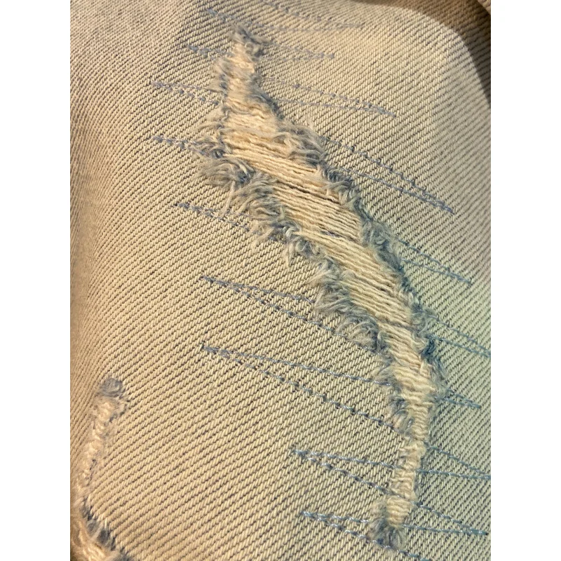 メンズリップドデニムショーツ、夏用薄手、おしゃれ、カジュアル、かっこいい、ウォッシュドライトブルー、スリムフィット、ミドル丈パンツ